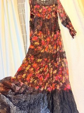 Johnny Was Black Maxi Dress with Pink & Red Floral Print.#elegantly